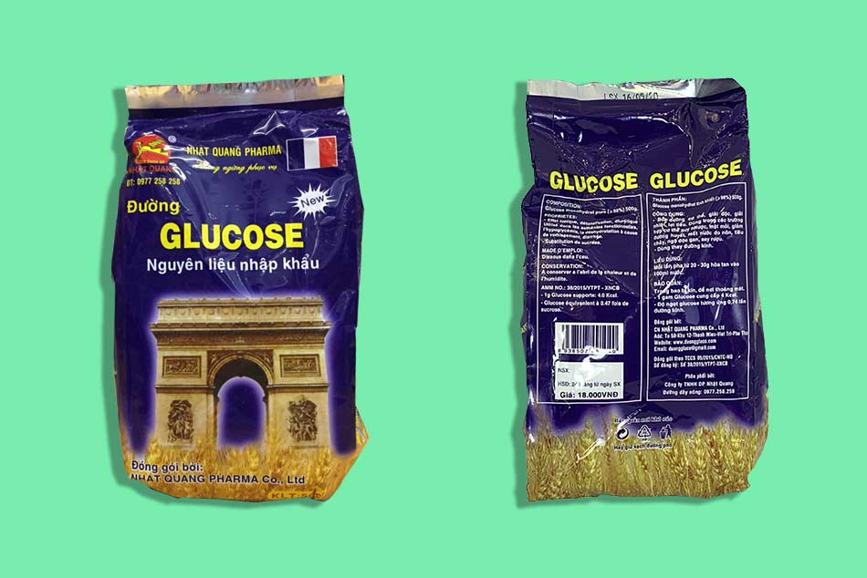 Mặt trước và sau gói Đường Glucose Nhật Quang