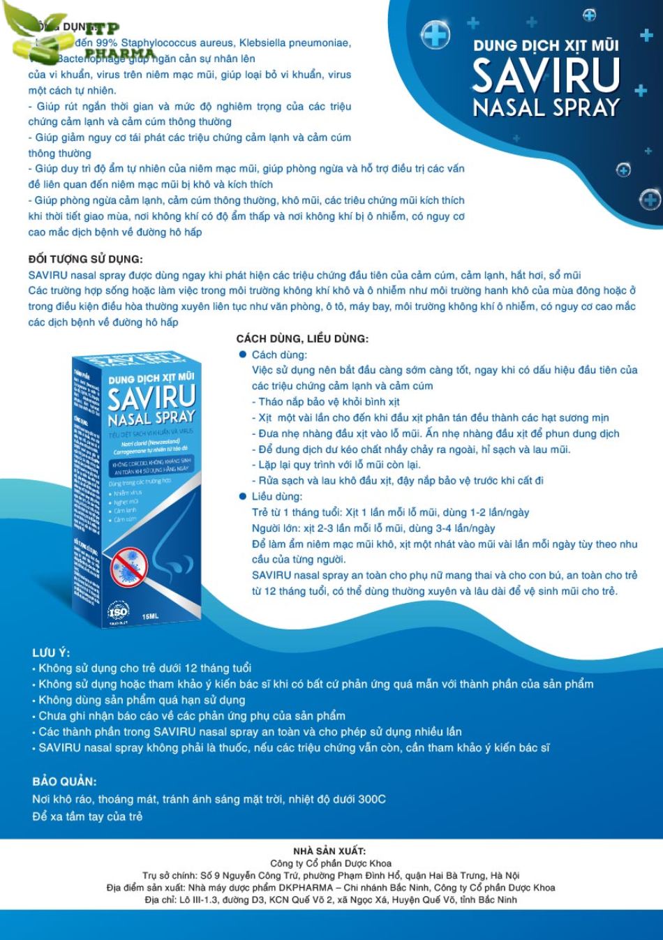 Hướng dẫn sử dụng Dung dịch xịt mũi Saviru Nasal Spray