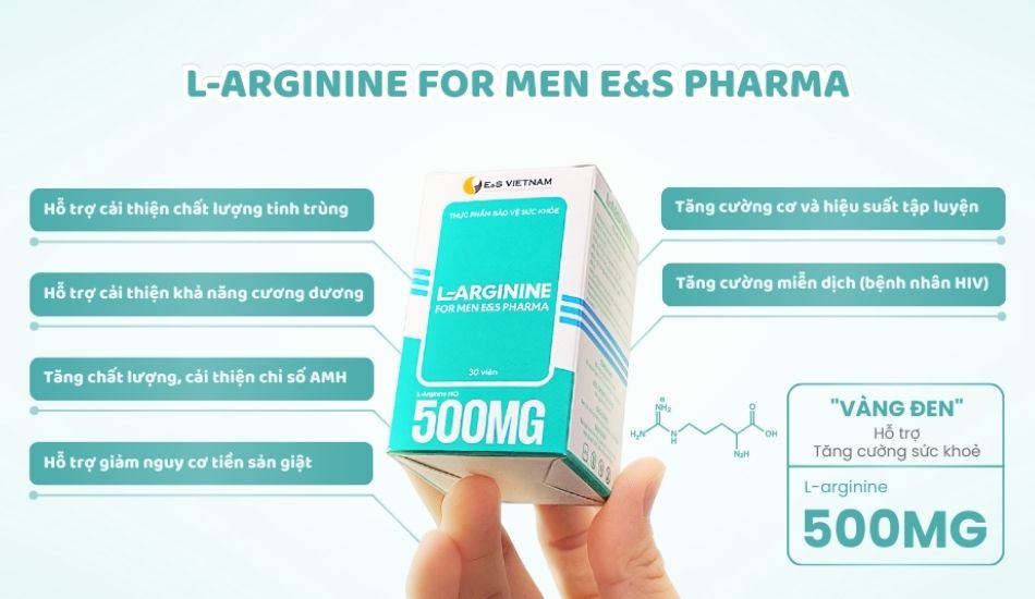 L-Arginine For Men E&S Pharma với 500 mg L-Arginine mang lại nhiều tác dụng hỗ trợ sức khỏe cho cả nam và nữ