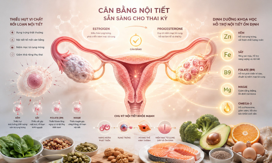 Bổ sung các dưỡng chất cần thiết qua thực phẩm hỗ trợ cân bằng nội tiết sẵn sàng cho thai kỳ khỏe mạnh